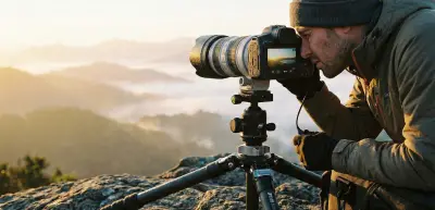 Fotografer menata tripod dan kamera di Puncak Ijen, contoh membawa barang elektronik dengan aman saat traveling