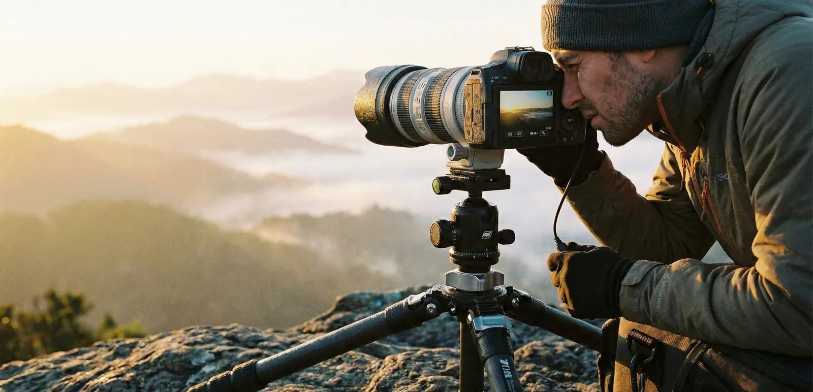 Aktivitas fotografer sedang setting tripod di Puncak Ijen