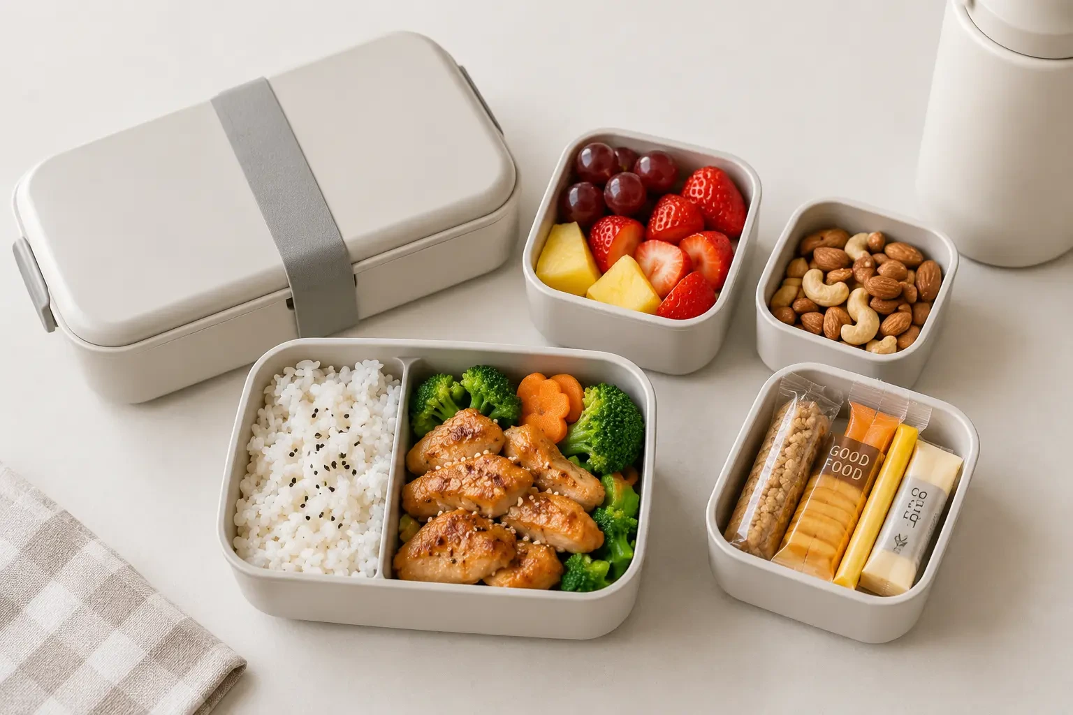 Kotak bekal berisi nasi, ayam, sayur, buah, kacang, dan termos minuman untuk perjalanan
