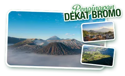 Panorama kaldera Gunung Bromo dengan inset foto desa-desa penginapan di sekitarnya — kawasan tempat sebagian besar penginapan dekat Bromo berada