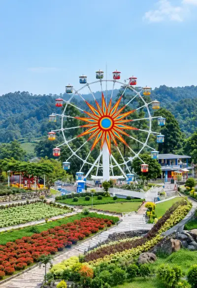 Taman bunga warna-warni di wisata Selecta Batu dengan latar pegunungan