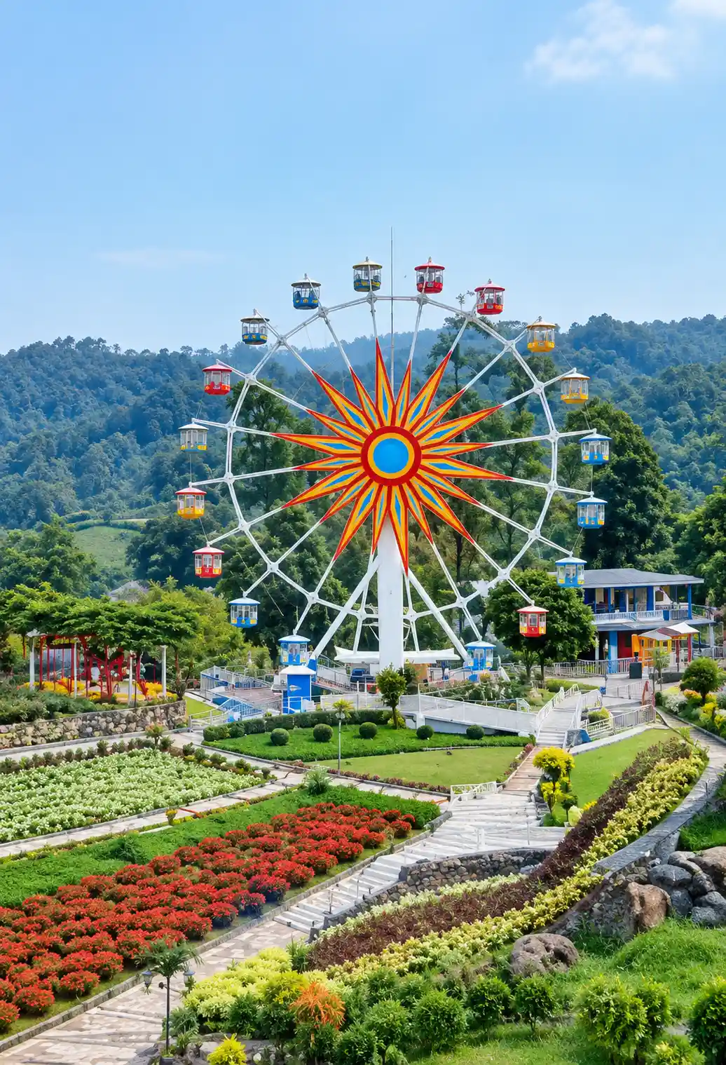 Taman bunga warna-warni di wisata Selecta Batu dengan latar pegunungan