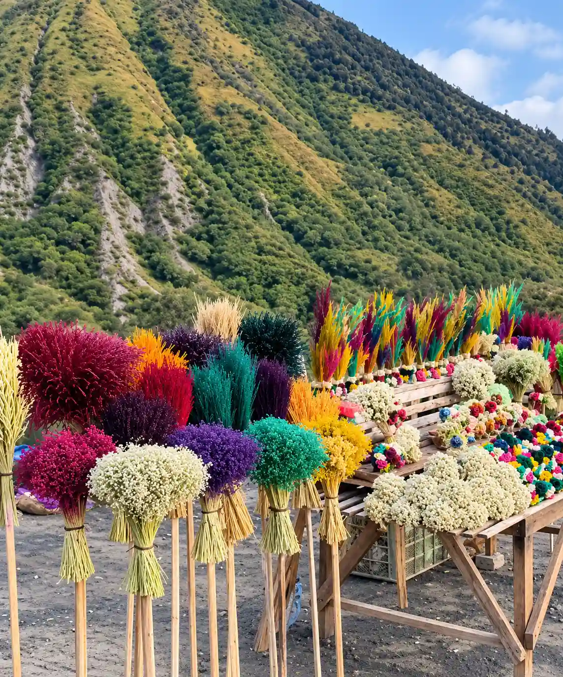 Lapak souvenir khas Bromo berisi rangkaian bunga edelweis dan kerajinan warna-warni dengan latar lereng Gunung Bromo