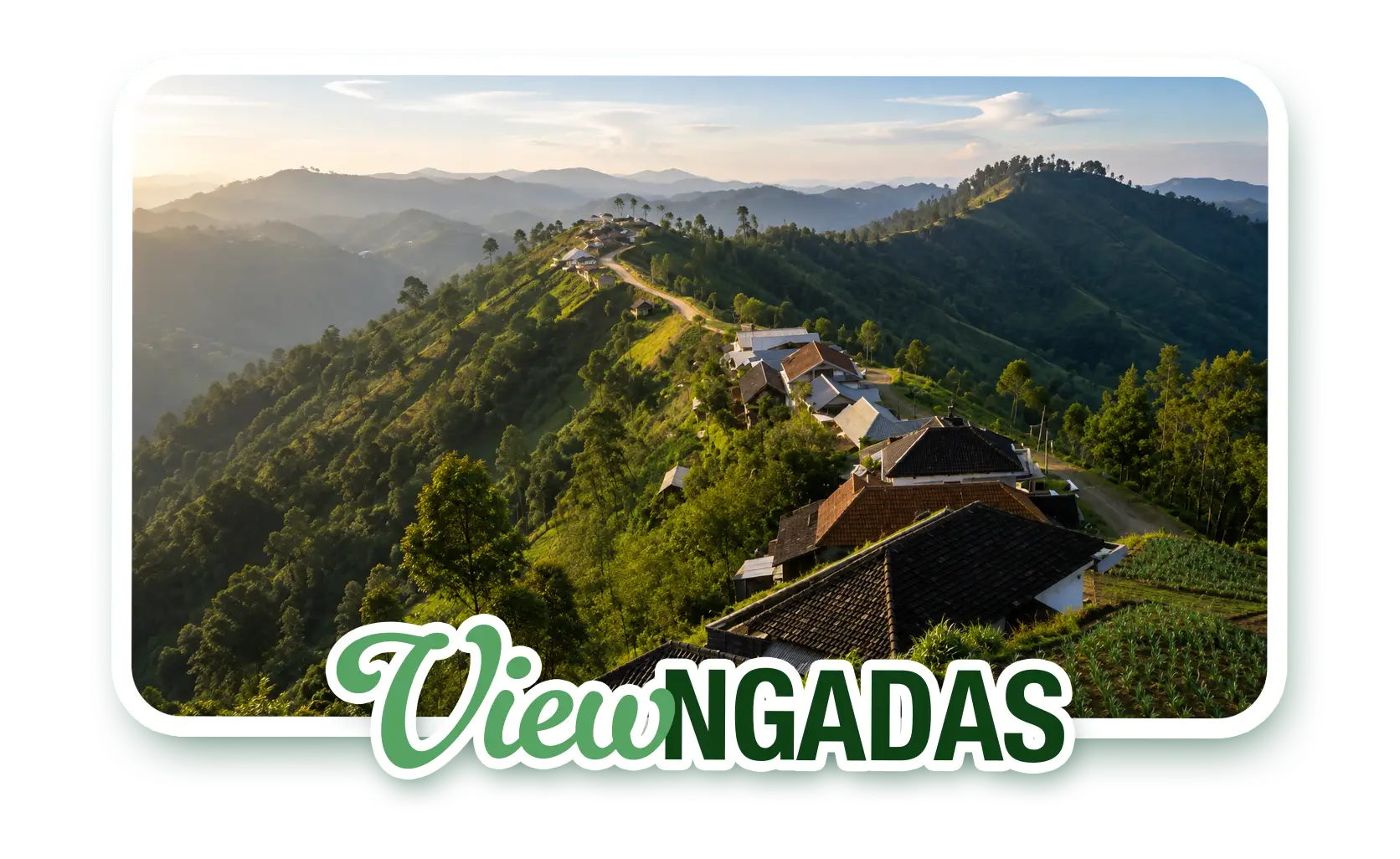 Pemandangan desa Ngadas di punggung bukit hijau dengan rumah-rumah dan latar pegunungan, jalur Malang menuju Savana dan Bukit Teletubbies Bromo